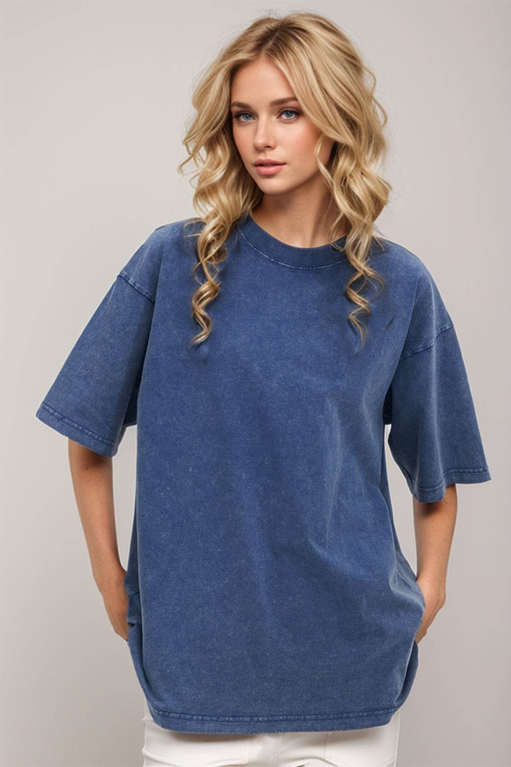 Basic Bae Round Neck Half Sleeve T-Shirt Dusty Blue for a perfect OOTD – dress to impress outfits from Amexza