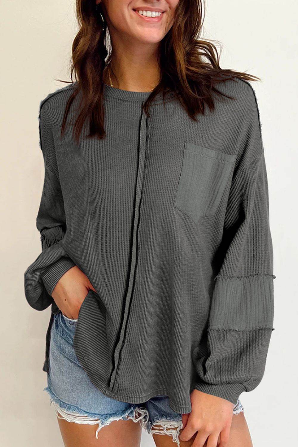 Exposed Seam Round Neck Long Sleeve Sweatshirt - Amexza