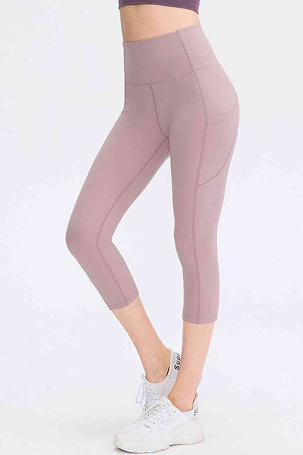 Wide Waistband Cropped Active Leggings with Pockets - Amexza