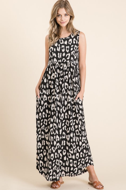 BOMBOM Leopard Maxi Dress with Pockets - Black / S