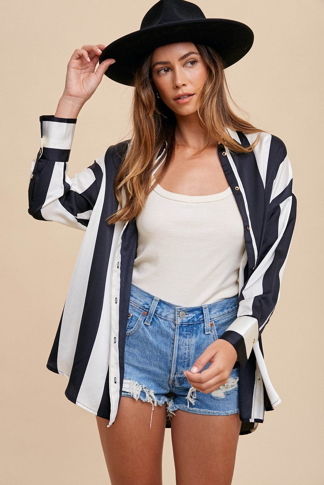 Annie Wear Striped Dropped Shoulder Button Up Shirt Black Ivory for a perfect OOTD – dress to impress outfits from Amexza