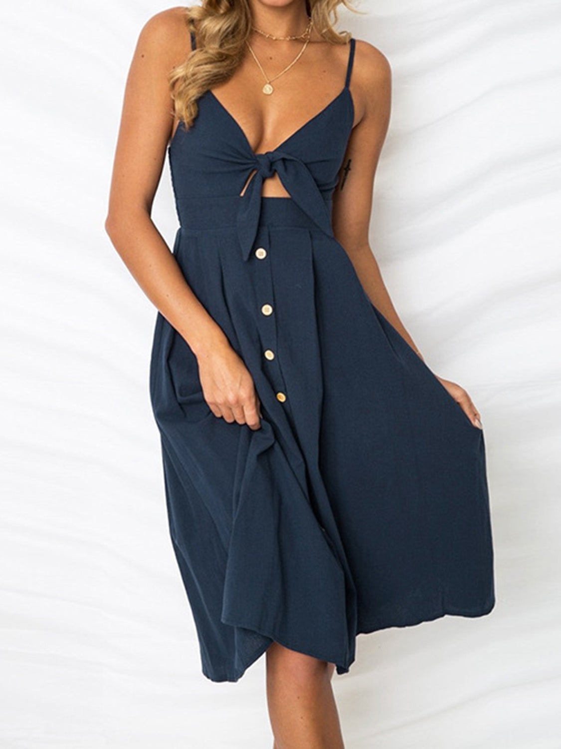 Cutout Smocked Sweetheart Neck Cami Dress - Dark Blue / S