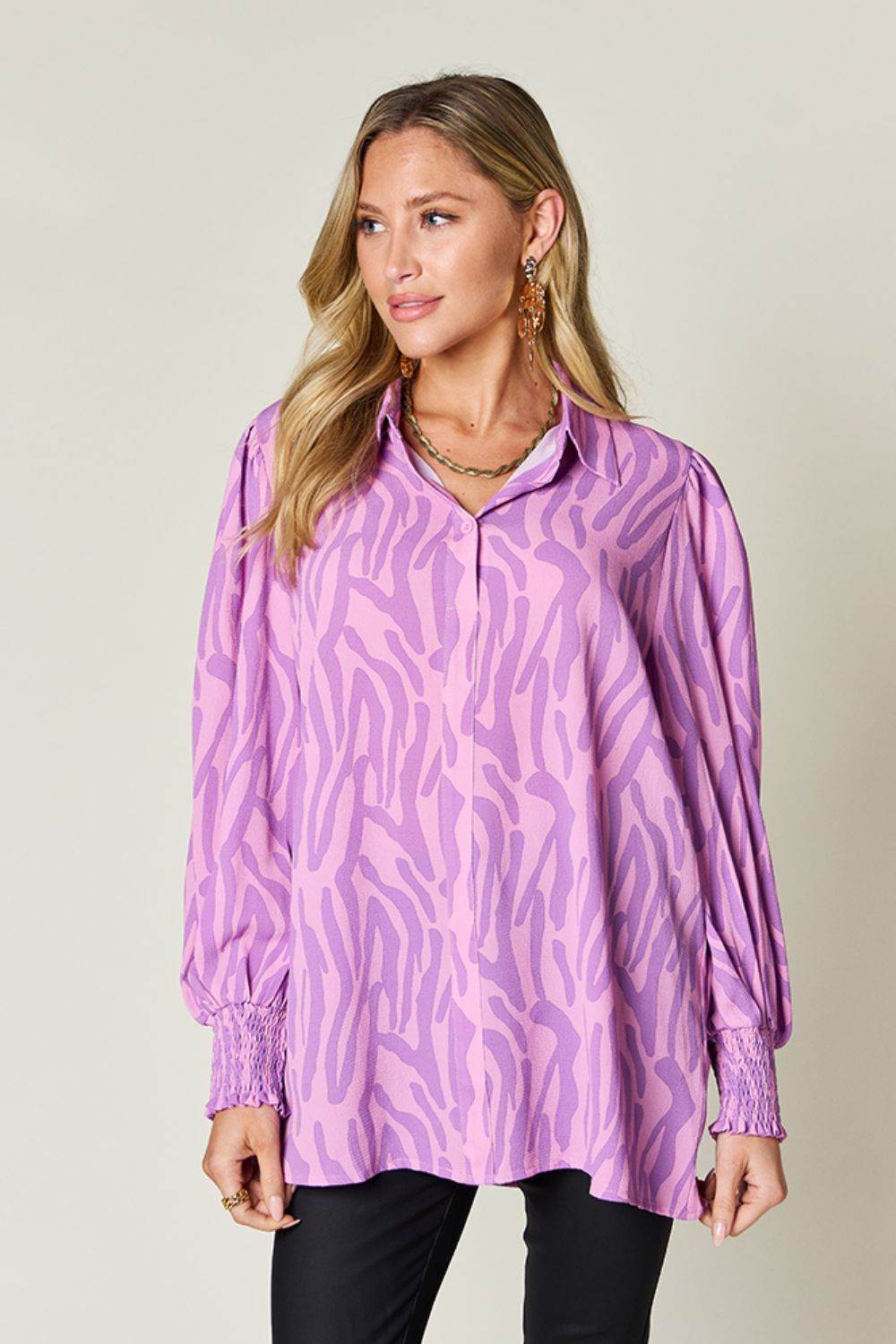 Double Take Full Size Printed Smocked Long Sleeve Blouse for a perfect OOTD – dress to impress outfits from Amexza