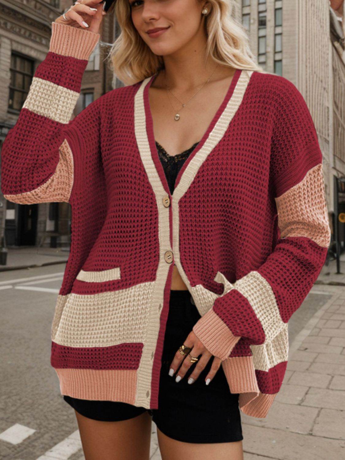 Contrast Button Up Long Sleeve Cardigan Burgundy for a perfect OOTD – dress to impress outfits from Amexza