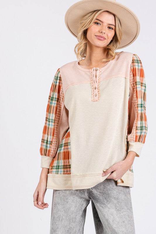 SAGE + FIG Exposed Seam Button Detail Plaid Top for a perfect OOTD – dress to impress outfits from Amexza