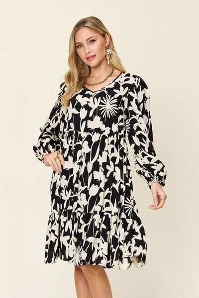 Double Take Full Size Printed Ruffle Hem Dress with Pocket Black for a perfect OOTD – dress to impress outfits from Amexza