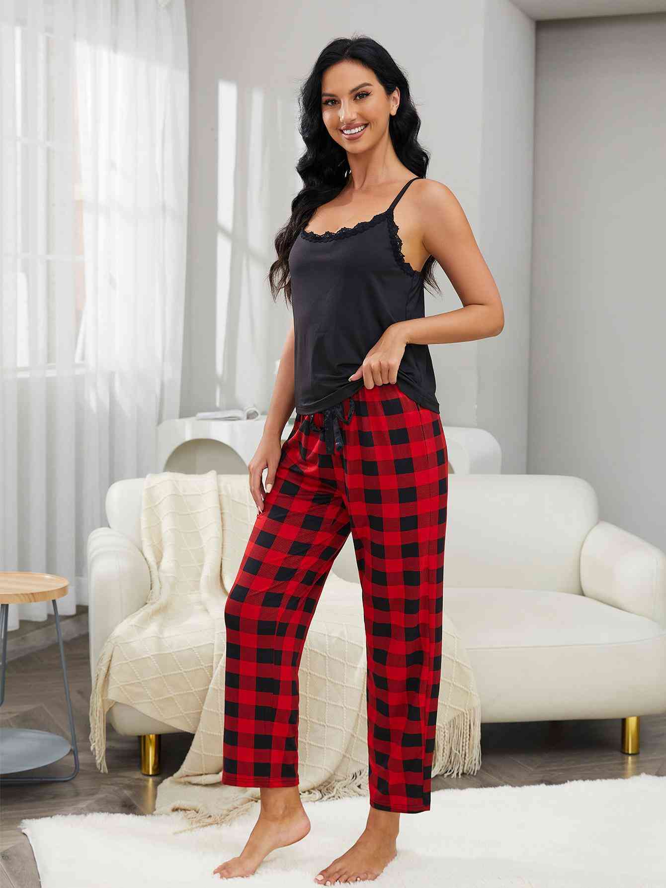 Lace Trim Cami and Plaid Pants Lounge Set for a perfect OOTD – dress to impress outfits from Amexza