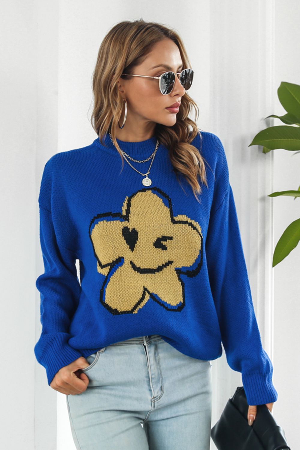 Flower Graphic Drop Shoulder Sweater Royal Blue for a perfect OOTD – dress to impress outfits from Amexza