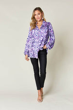 Double Take Full Size Printed Ruffle Trim Balloon Sleeve Shirt - Amexza
