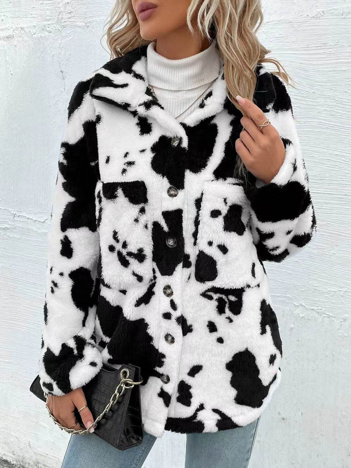 Cow Print Collared Neck Button Up Fuzzy Jacket for a perfect OOTD – dress to impress outfits from Amexza