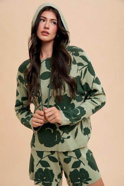 Annie Wear Flower Pattern Drawstring Hooded Top and Shorts Sweater Set Green combo for a perfect OOTD – dress to impress outfits from Amexza