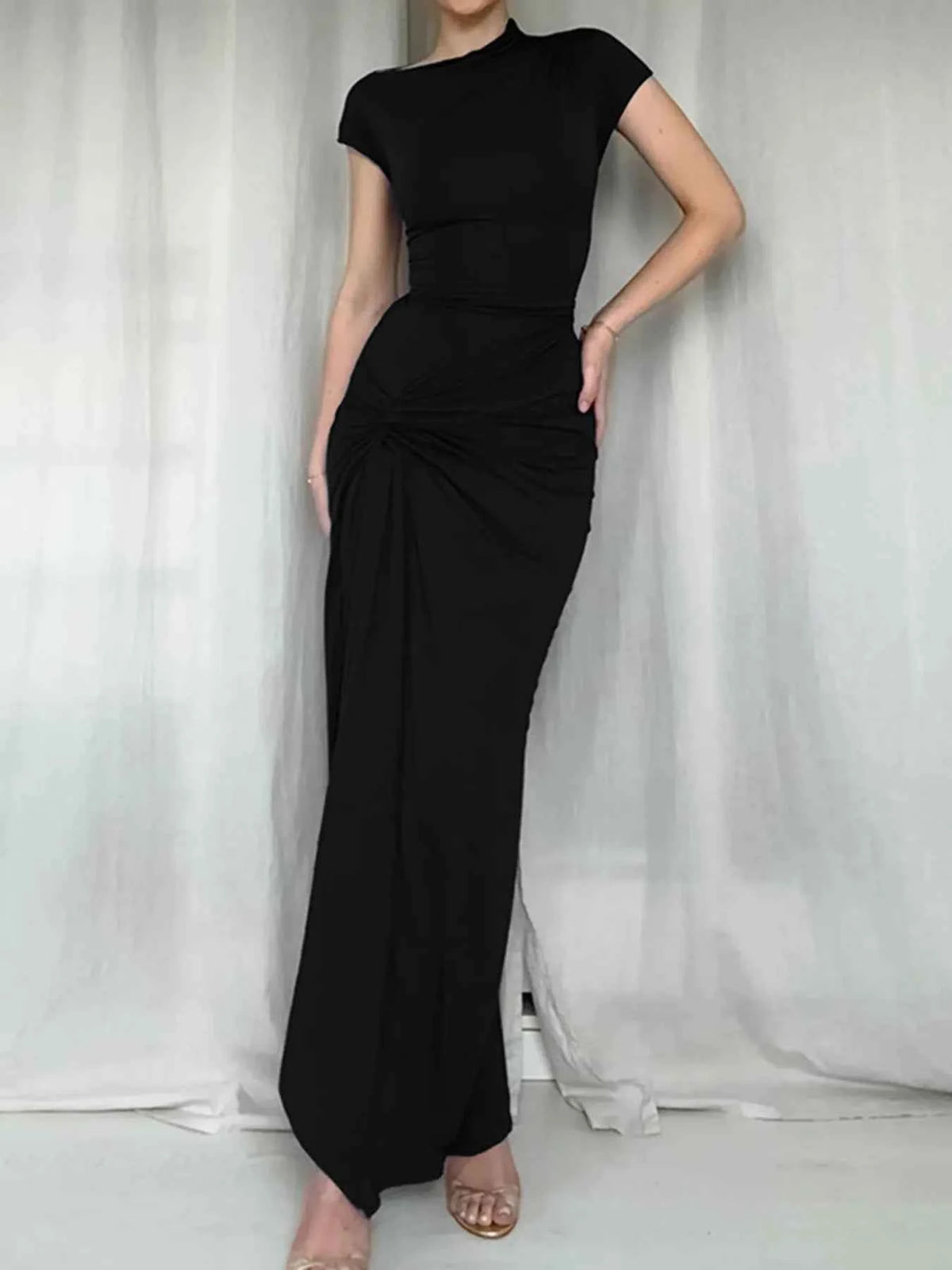 Ruched Slit Cap Sleeve Maxi Dress
