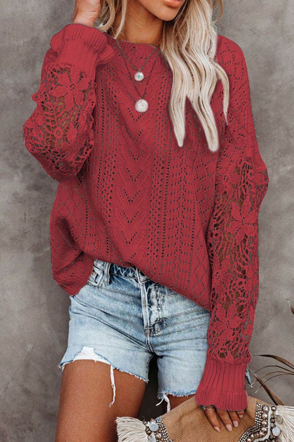 Openwork Round Neck Long Sleeve Sweater Rust for a perfect OOTD – dress to impress outfits from Amexza