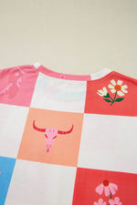 Checker Print Round Neck Short Sleeve T-Shirt - Amexza