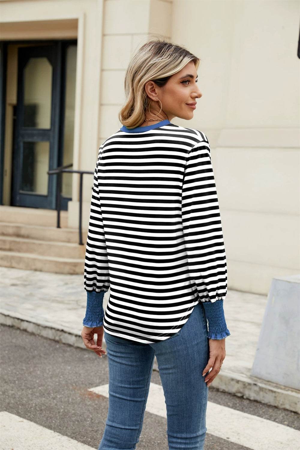 Contrast Striped Notched Long Sleeve Top for a perfect OOTD – dress to impress outfits from Amexza