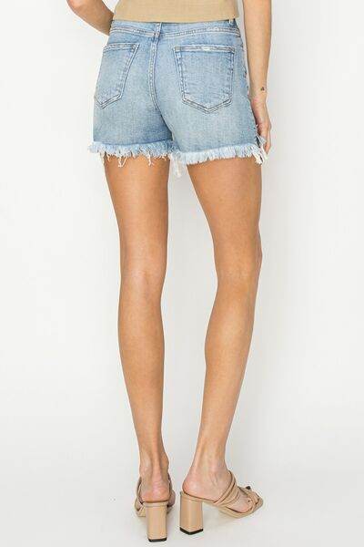 RISEN Button Fly Frayed Hem Denim Shorts for a perfect OOTD – dress to impress outfits from Amexza