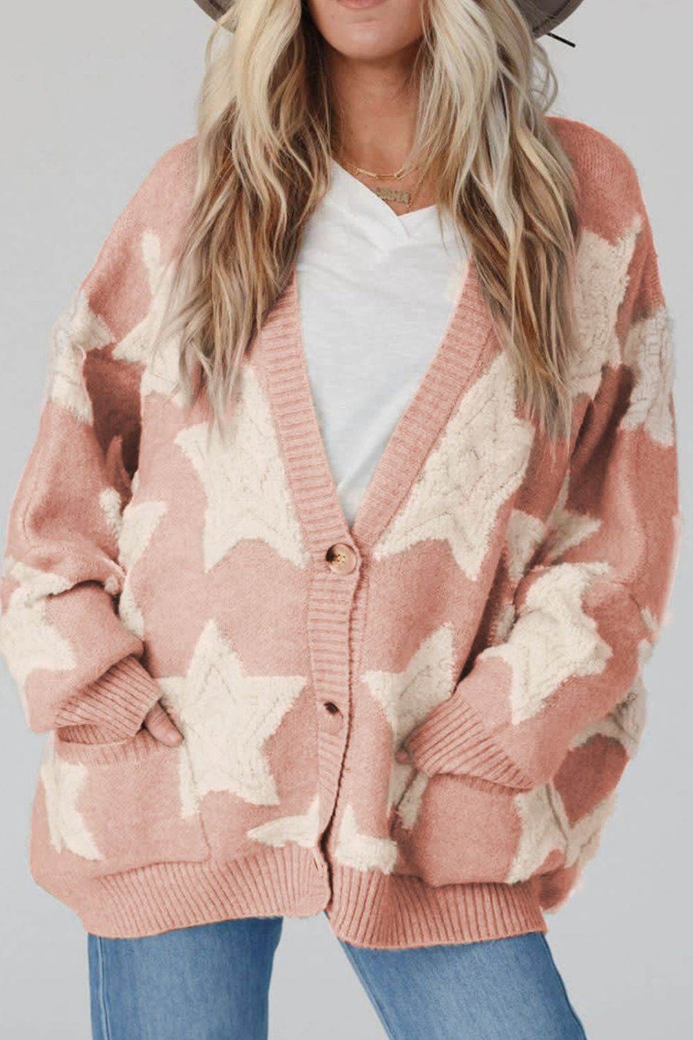 Sherpa Star V-Neck Cardigan with Pockets Dusty Pink for a perfect OOTD – dress to impress outfits from Amexza