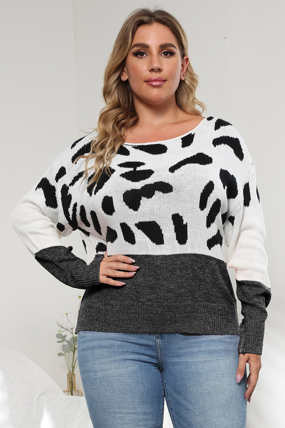 Plus Size Leopard Round Neck Long Sleeve Sweater Black for a perfect OOTD – dress to impress outfits from Amexza