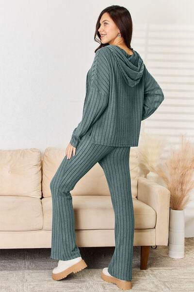 Basic Bae Full Size Ribbed Drawstring Hooded Top and Straight Pants Set for a perfect OOTD – dress to impress outfits from Amexza