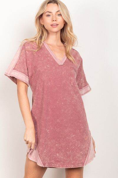 VERY J Short Sleeve V-Neck Tee Dress Mauve for a perfect OOTD – dress to impress outfits from Amexza