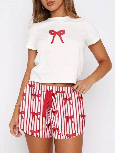 Printed Round Neck Short Sleeve Top and Drawstring Shorts Set White for a perfect OOTD – dress to impress outfits from Amexza