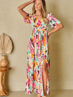Slit Printed Surplice Short Sleeve Maxi Dress - Amexza