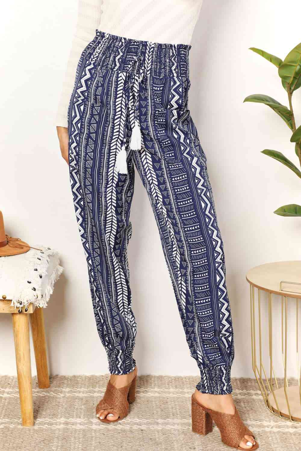 Perfee Geometric Print Tassel High-Rise Pants Dark Blue for a perfect OOTD – dress to impress outfits from Amexza