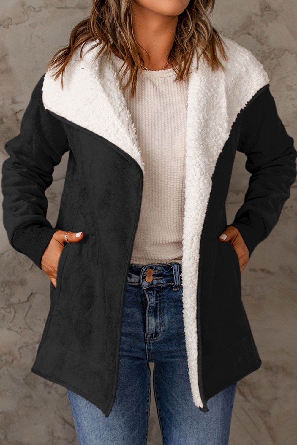 Open Front Long Sleeve Sherpa Jacket Black for a perfect OOTD – dress to impress outfits from Amexza