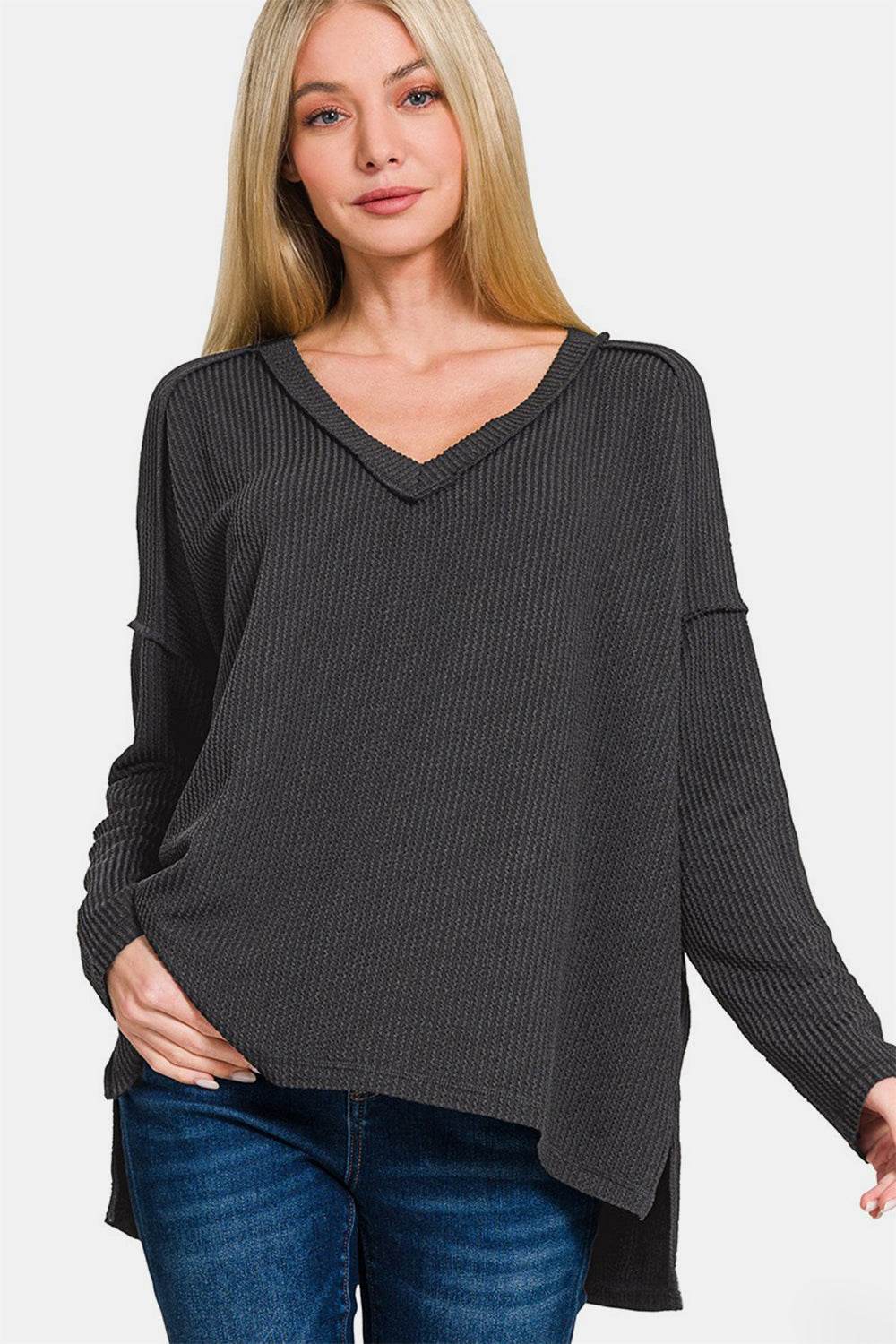 Zenana Texture Exposed Seam V-Neck Long Sleeve T-Shirt Black for a perfect OOTD – dress to impress outfits from Amexza