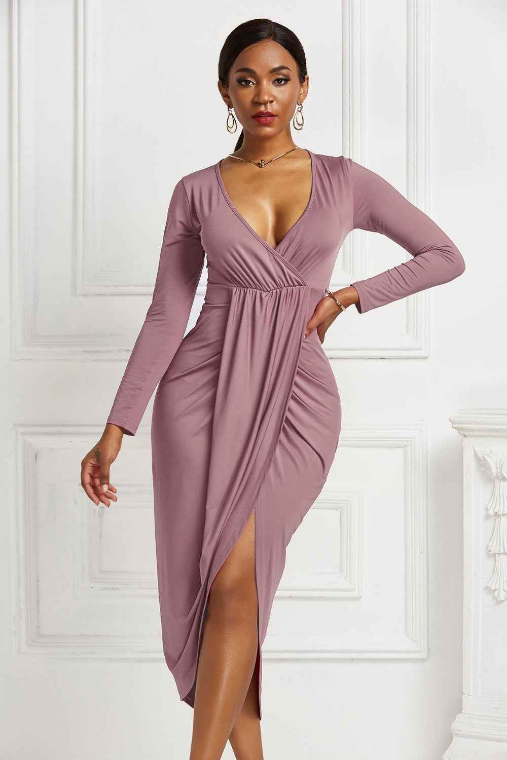 High-low Ruched Surplice Long Sleeve Dress for a perfect OOTD – dress to impress outfits from Amexza