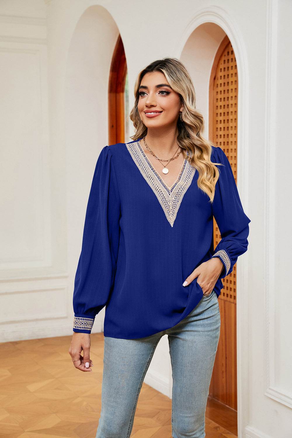 Contrast Puff Sleeve Blouse Royal Blue for a perfect OOTD – dress to impress outfits from Amexza