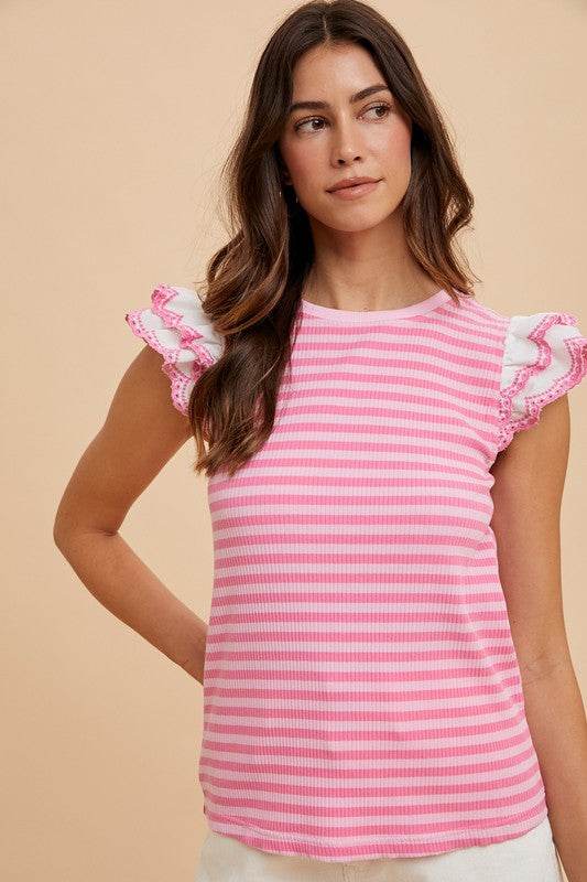 Annie Wear Ruffled Striped Round Neck Cap Sleeve Knit Top Pink for a perfect OOTD – dress to impress outfits from Amexza