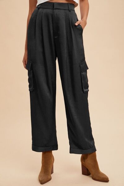 Annie Wear Wide Leg Cargo Satin Pants Black for a perfect OOTD – dress to impress outfits from Amexza