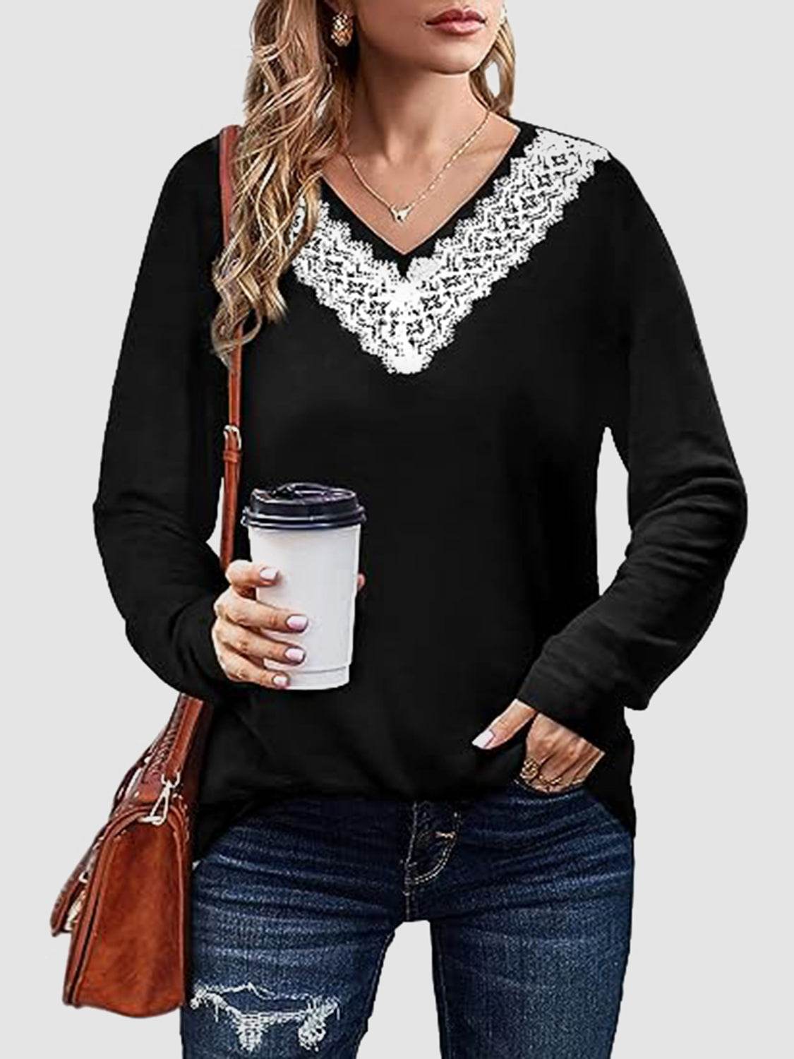 Lace Detail V-Neck Long Sleeve T-Shirt for a perfect OOTD – dress to impress outfits from Amexza