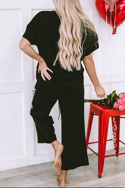 Heart Sequin Short Sleeve Top and Drawstring Pants Lounge Set for a perfect OOTD – dress to impress outfits from Amexza