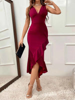 Ruffle Hem V-Neck Bodycon Dress