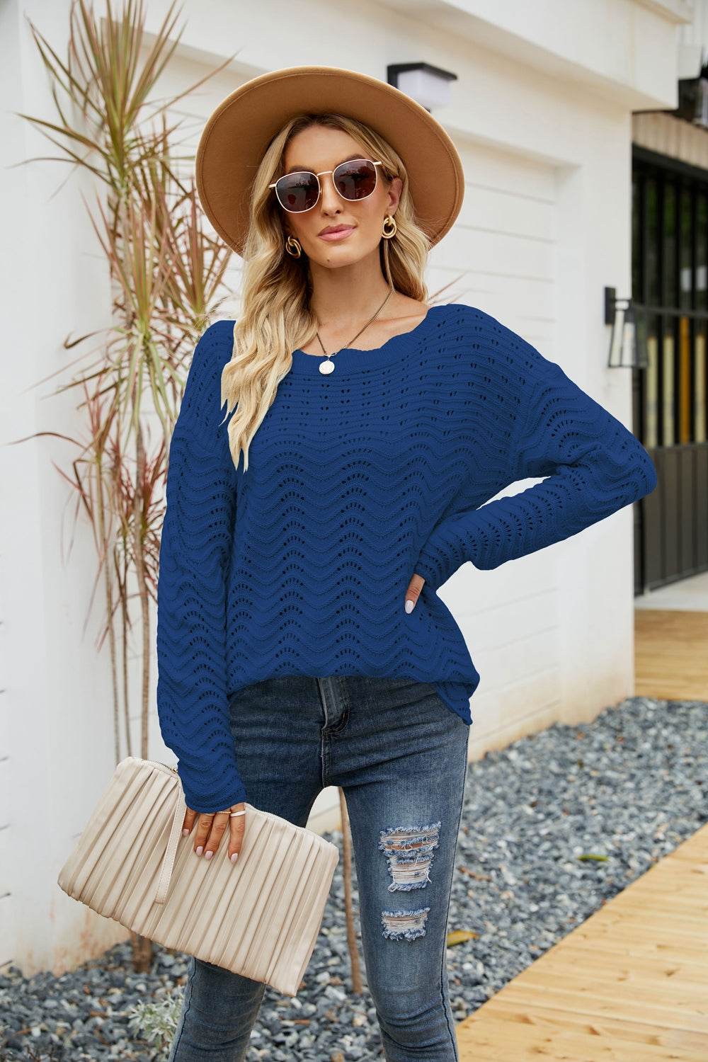 Woven Right Scalloped Boat Neck Openwork Tunic Sweater Blue for a perfect OOTD – dress to impress outfits from Amexza