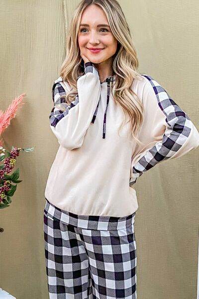 And The Why Drawstring Hooded Top and Plaid Pants Lounge Set - Amexza