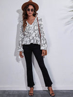 Printed V-Neck Balloon Sleeve Peplum Blouse - Amexza