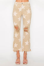 RISEN Full Size High Rise Star Printed Frayed Hem Jeans - Amexza