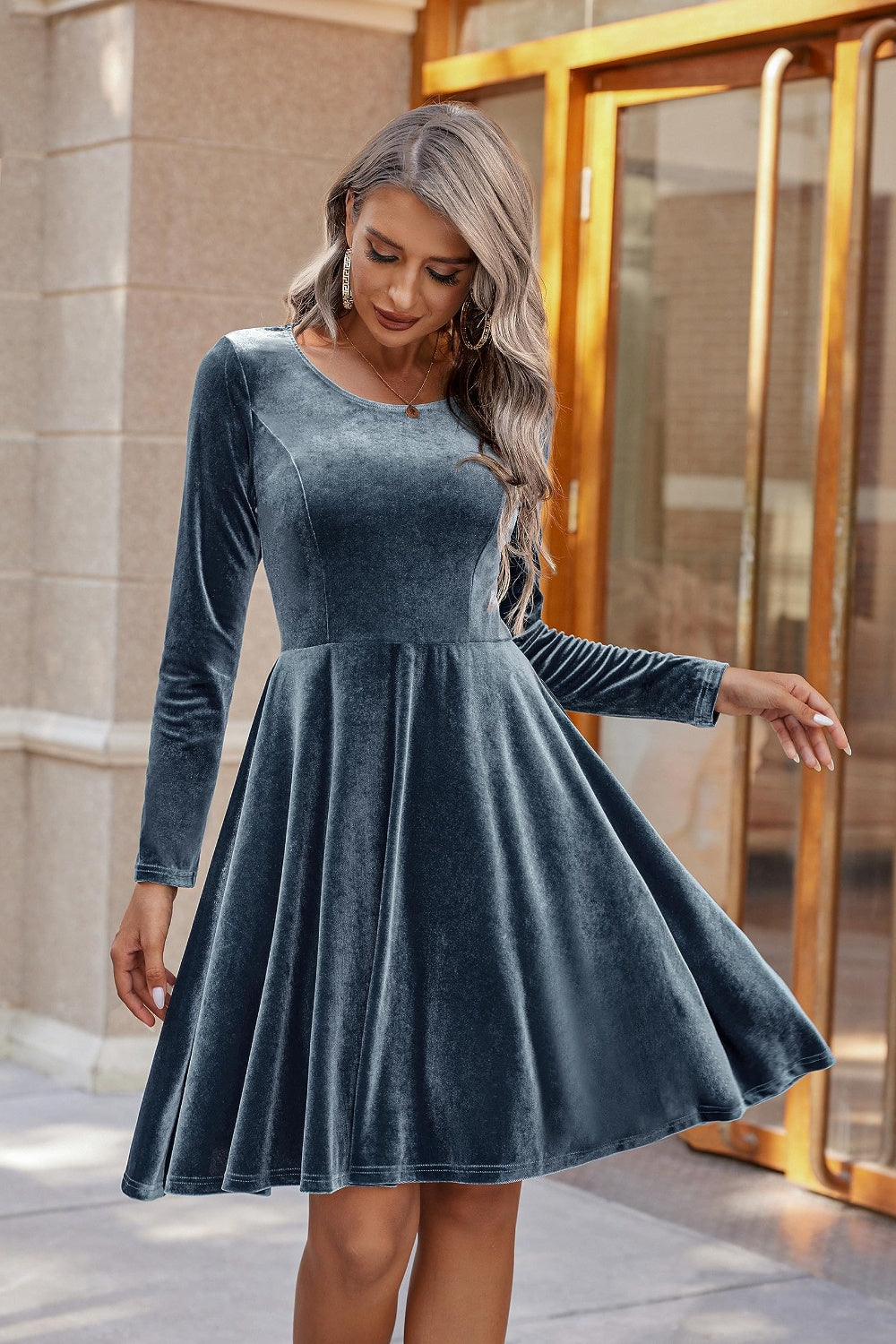 Round Neck Long Sleeve Knee Length Dress - Air Force Blue / S