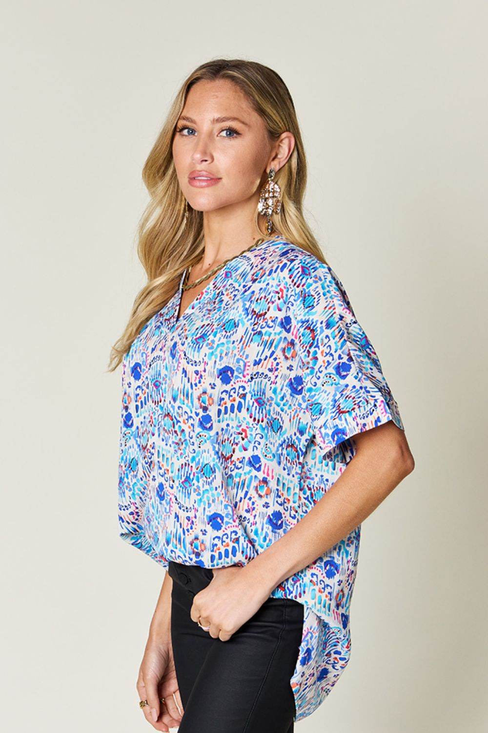 Double Take Full Size Printed V-Neck Short Sleeve Blouse for a perfect OOTD – dress to impress outfits from Amexza