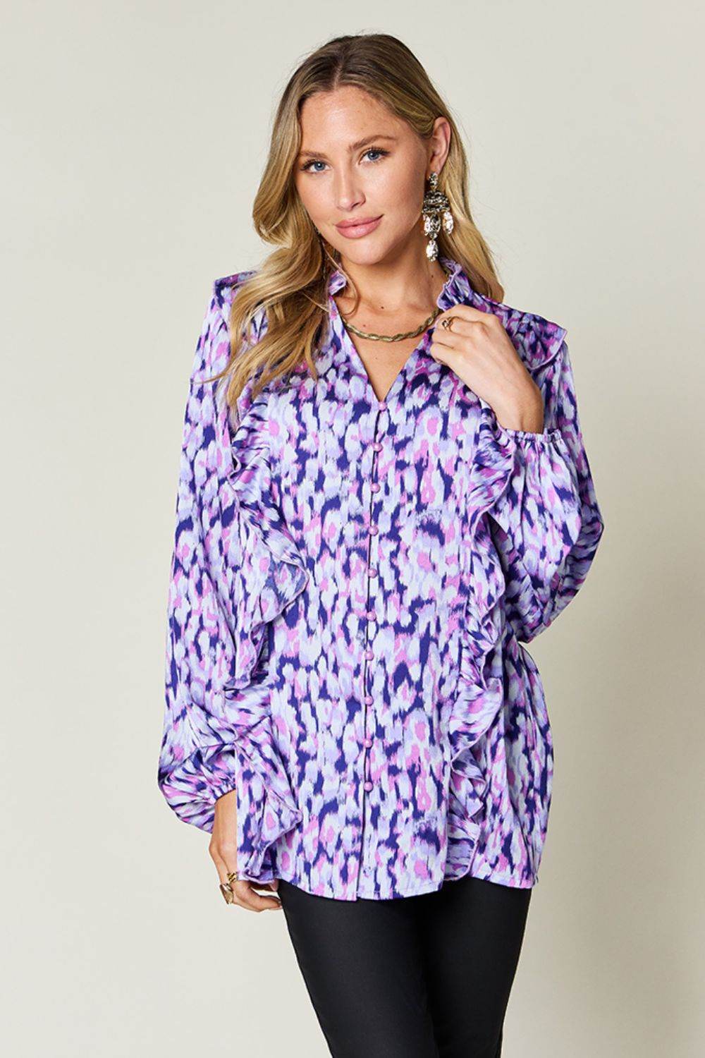 Double Take Full Size Printed Ruffle Trim Balloon Sleeve Shirt - Amexza