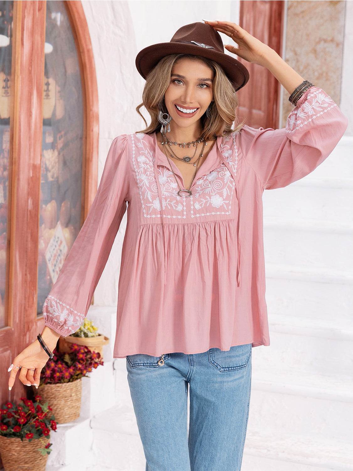 Floral Tie Neck Balloon Sleeve Blouse for a perfect OOTD – dress to impress outfits from Amexza