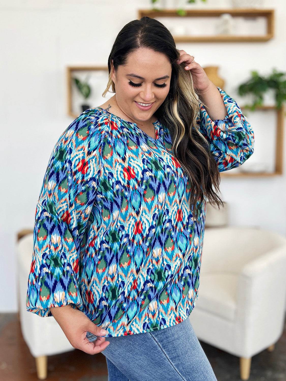 Double Take Full Size Printed Balloon Sleeve Blouse for a perfect OOTD – dress to impress outfits from Amexza