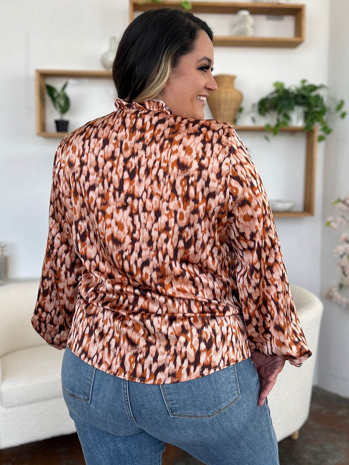 Double Take Full Size Printed Ruffle Trim Balloon Sleeve Shirt - Amexza