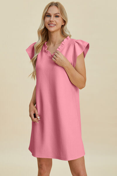 Double Take Full Size Ruffled V-Neck Cap Sleeve Dress Blush Pink for a perfect OOTD – dress to impress outfits from Amexza