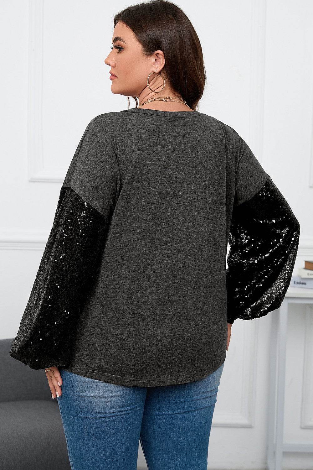 Plus Size Sequin Long Sleeve V-Neck Top for a perfect OOTD – dress to impress outfits from Amexza