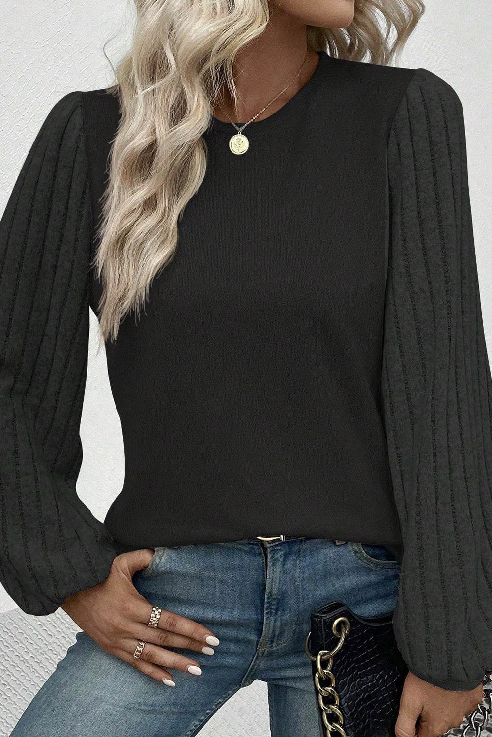 Ribbed Round Neck Long Sleeve Knit Top - Amexza