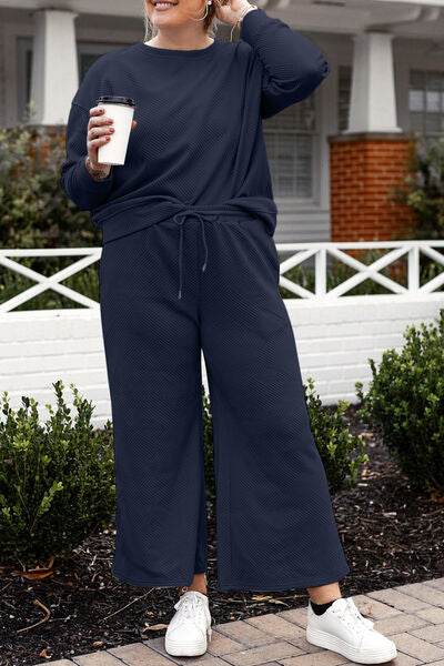 Double Take Full Size Textured Long Sleeve Top and Drawstring Pants Set for a perfect OOTD – dress to impress outfits from Amexza